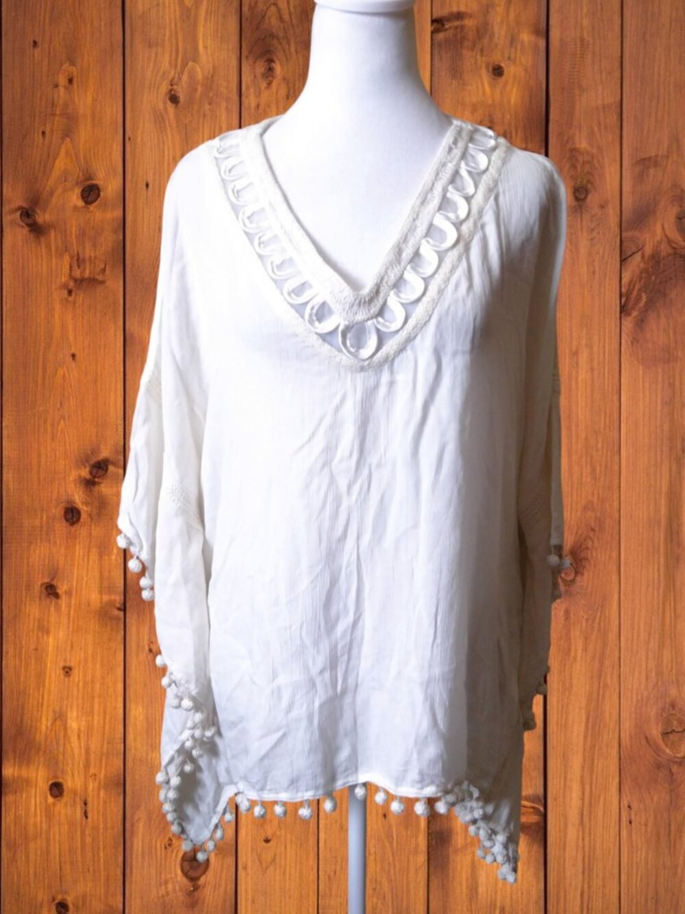 Ella Moss XS/S Beach Coverup Pompom White Resortwear Beach Vacation Boho